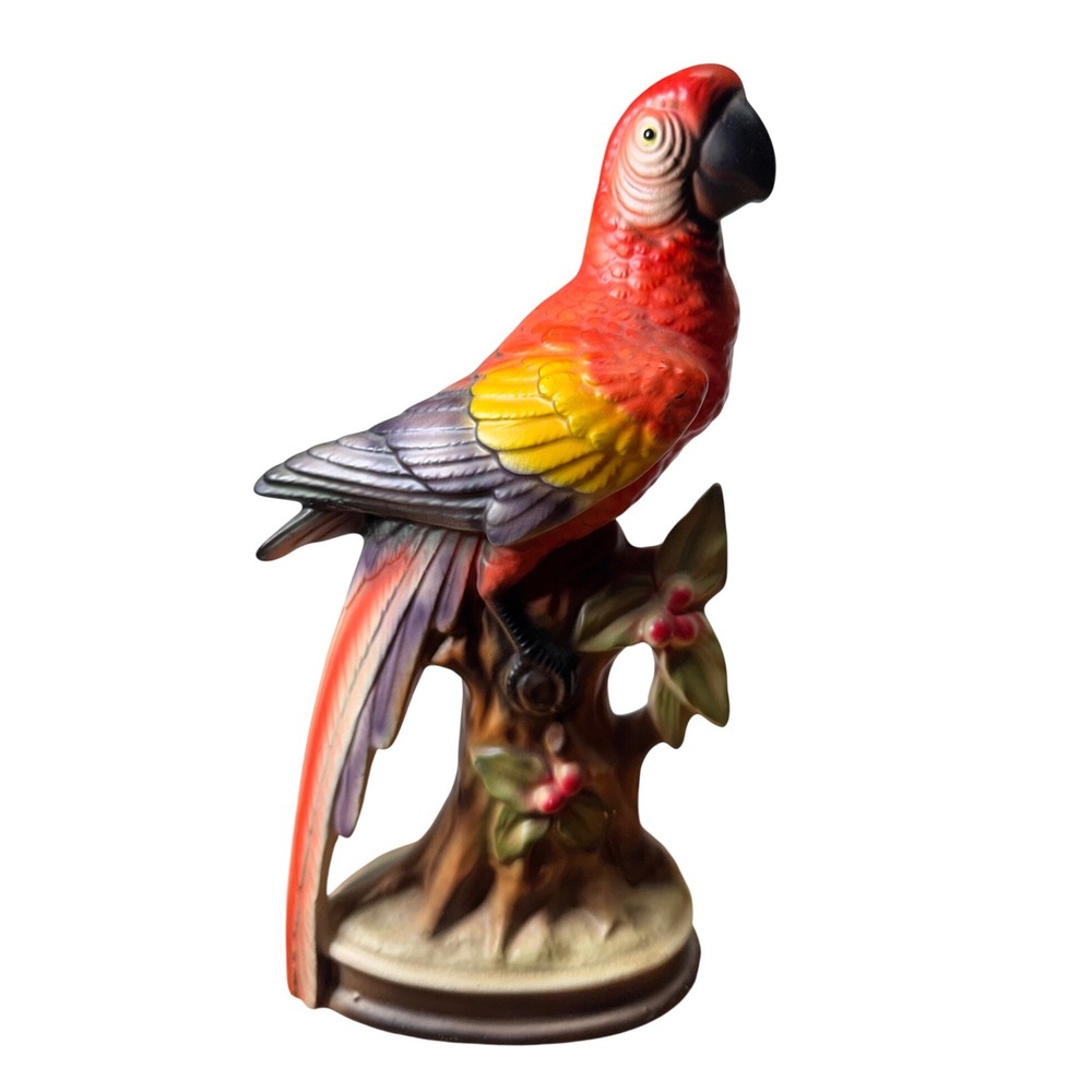 Vintage Ceramic Parrot Figurine Scarlet Macaw on Tree‎ Stump Tropical Decor Red
